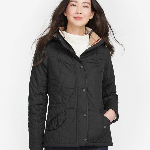 NWTs Barbour Womens Millfire Quilted Hooded Jacket. Black/Tartan. Size 4 - Picture 2 of 11
